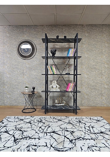 Çıkıntılı Siyah Boyalı Kitaplık - 5 Raflı Suntalem Lüks Kitaplık Çok Renkli