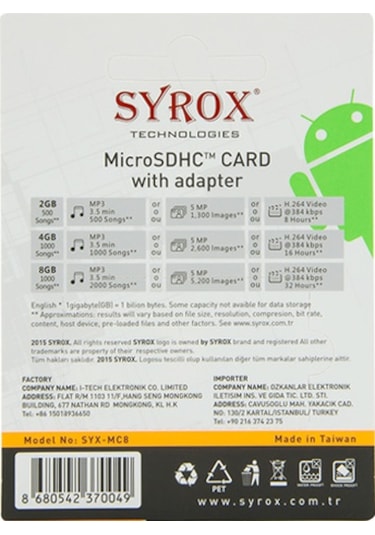 Syrox 8 GB MicroSDHC Hafıza Kartı + Adaptör