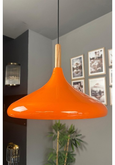 Champion Parlak Turuncu Ahşap Tekli Avize Sarkıt Salon Mutfak Cafe Butik Lamba Aydınlatma Avizeler Turuncu