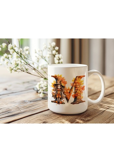 M Harf Sonbahar Yaprak Temalı Kupa Bardak - Sevimli Figürler İle Alfabe Harfli Bardak - Kişiye Özel Beyaz