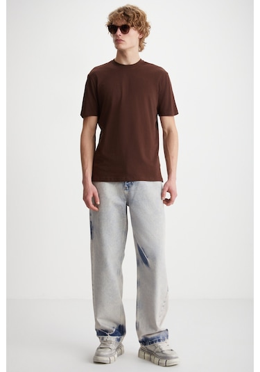 Mıchel Erkek Slim Fit Dar Kesim %100 Organik Pamuklu Yana Kayan Dikişli Basic Örme Acı Kahve T-shir