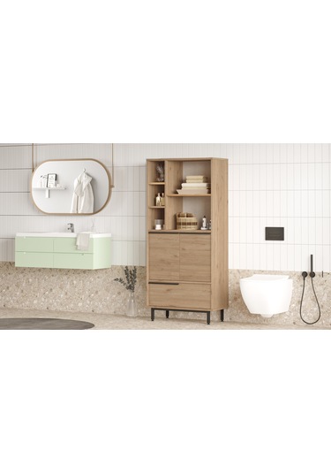 Lidya Banyo Dolabı Çok Amaçlı Dolap 3 Kapaklı Metal Ayaklı Sepet Kahverengi