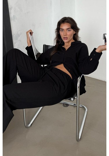 Madmext Siyah Keten Kadın Gömlek Pantolon İkili Takım Mg2356 Siyah