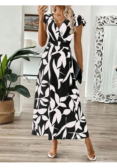 Kadın Kısa Kelebek Kollu Kruvaze Yaka Desenli Süprem Elbise Siyah