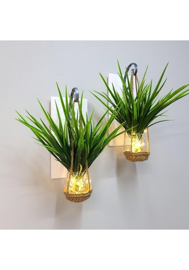 Duvar Dekoru, Led Işıklı, Yeşil Çimen Bitki, Beyaz Aplik İkili Set