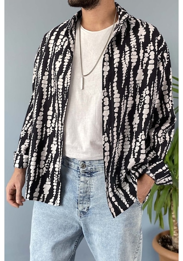 Siyah Desenli Uzun Kollu Oversize Gömlek 001
