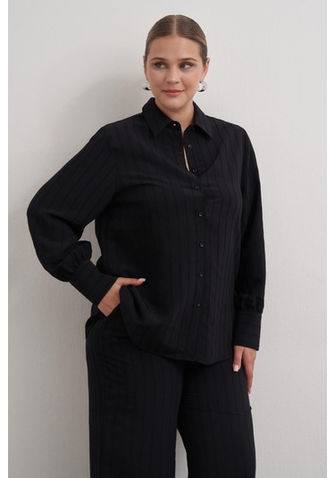Sırtı Fiyonklu Çizgili Gömlek-6212 Siyah