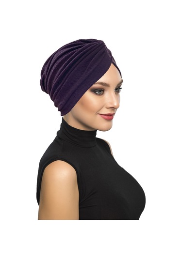 Çapraz Fukuro Simli Astarlı Mor Hazır Türban Tesettür Abiye Bone Mor