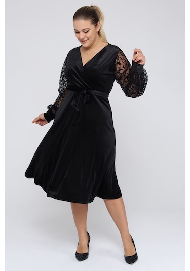 Büyük Beden Kruvaze Yaka Kadife Elbise 9E-2252 Siyah