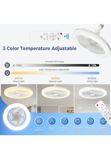 Xuweiwei Gri 360 Derece Ayarlanabilir 25 Cm Led Akilli Tavan Fan Lambasi Uzaktan Kumandali Renk Degisimi Parlaklik Ayari 3 Hiz Seviyesi E26 E27