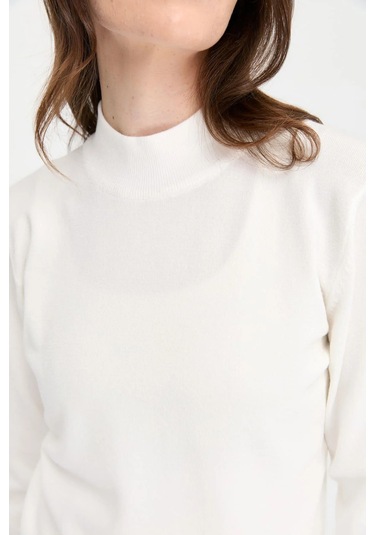 Desen Triko Kadın Likralı Uzun Kol Basic Yarım Balıkçı Bluz 0240016 Ekru Ekru