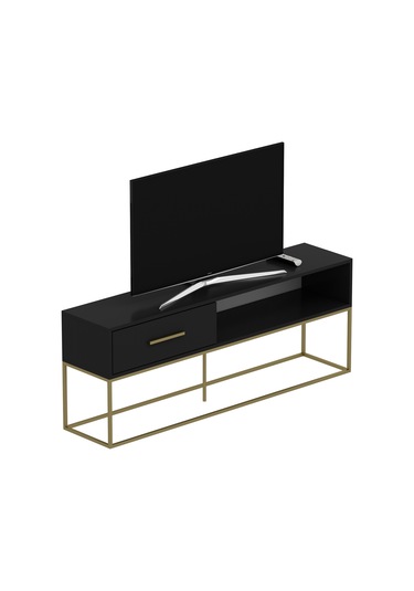 Mira Tv Ünitesi 160 Cm Kapaklı Ve Raflı, Gold Ayak, Modern Tasarım - Siyah/gold Siyah/gold