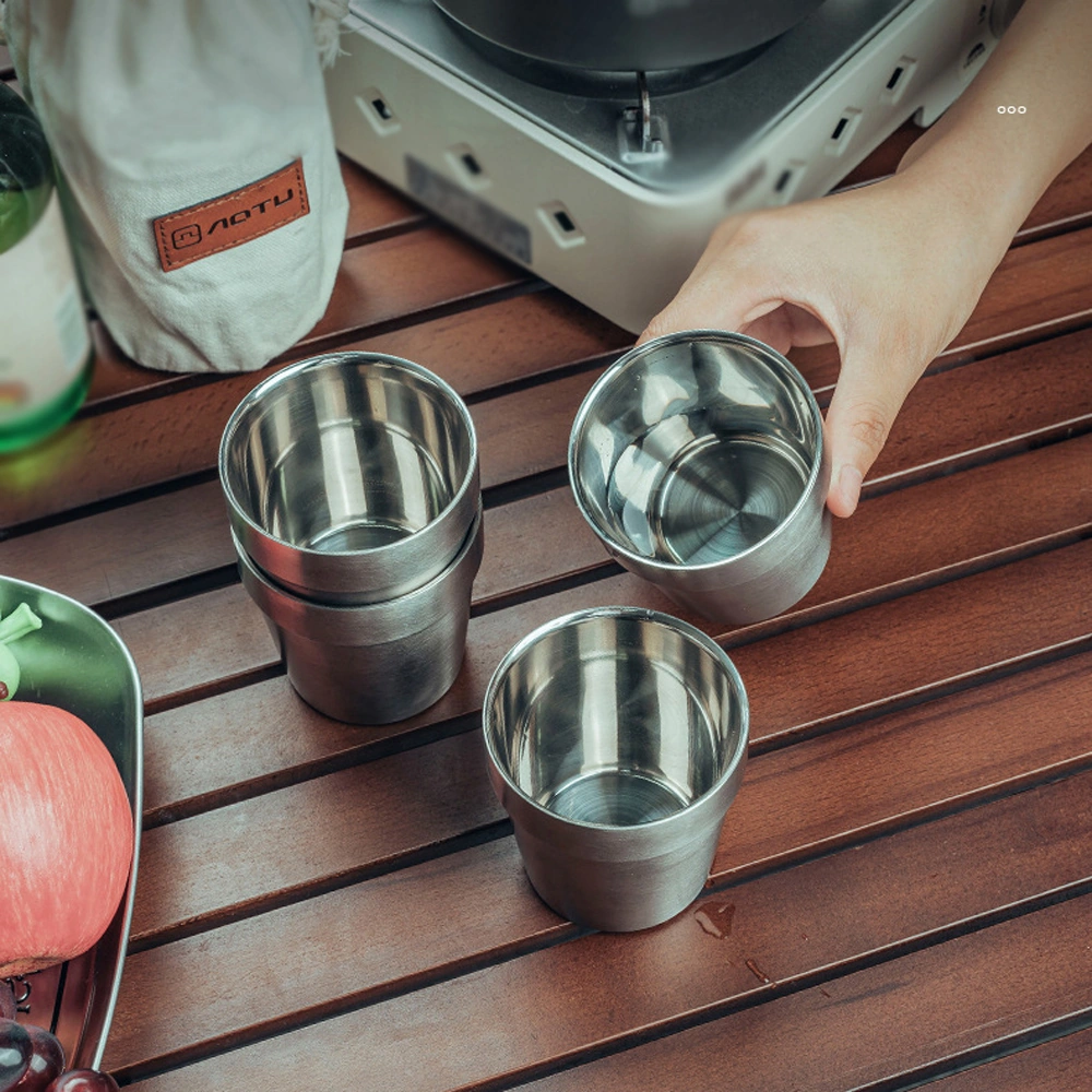 Dofolink Dışarıda Kullanım 304 Paslanmaz Çelik 4'lü Bardak Seti, Taşınabilir Isıya Dayanıklı Kamp Çay Bardağı, Depolama Çantasıyla Gümüş