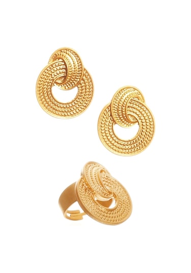 Kadın Mat Altın Kaplama Kabartma Dokulu Çivili Model Hediye Küpe & Yüzük Set Altın