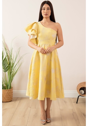 Kalopya Simli Tek Omuz Volan Detaylı Elbise 13408- Çok Renkli