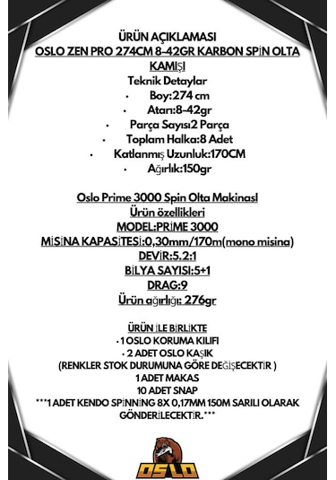 Oslo Zen Pro 274cm 8-42gr Oslo Prime 3000 Spin Olta Seti Standart