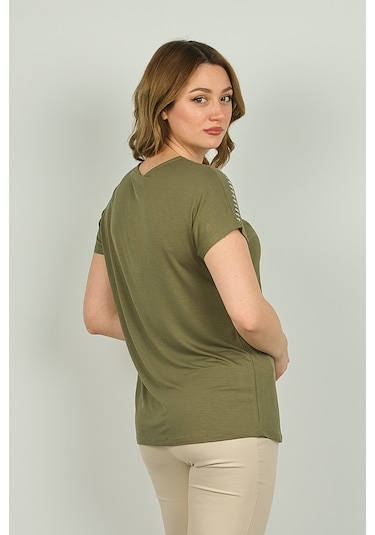 Ella Camelia Kadın Fermuarlı Kısa Kol Bluz 20e038 Haki