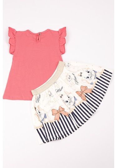 Kız Çocuk Takım Etekli Kedi Baskılı Kol Detaylı A66 Koyu Pudra