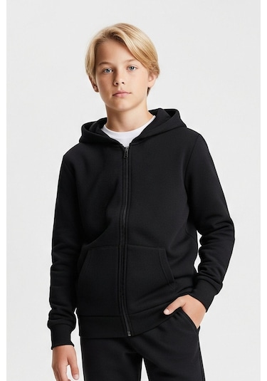 Fermuarlı Kanguru Cepli Kapüşonlu Düz Baskısız Erkek Çocuk Eşofman Takımı Siyah