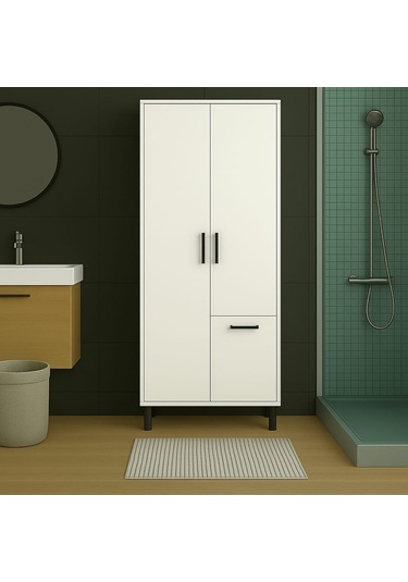 Çok Amaçlı & Tek Çamaşır Sepetli Banyo Dolabı Beyaz