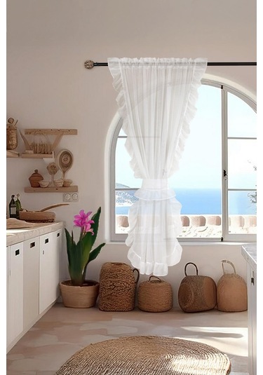 Fırfırlı Tül Perde Tek Kanat Romantik Volanlı Bağlamalı Ekru