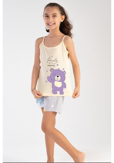Kız Çocuk Şortlu Pijama Takımı Askılı Ayıcık Baskılı A13 Pembe