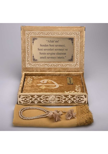 Şal + Tesbih + Kuran Hediye Seti (Orta Boy. Gold. Gold Pleksi) N11.2729