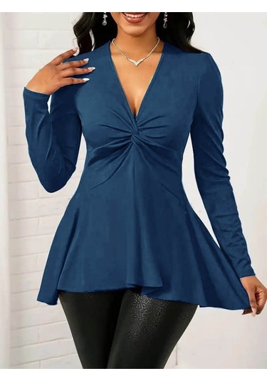 Kadın Uzun Kollu V Yakalı Çapraz Geçmeli Detaylı Ithal Krep Bluz Lacivert