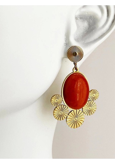 Turuncu Taşlı Vintage Çelik Küpe Çok Renkli