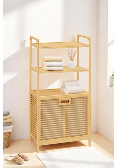 Digithome Bambu Xl Kirli Sepetli 3 Raflı Çok Amaçlı Banyo Düzenleyici Çamaşır Sepeti Organizer Db-0011 Ahşap