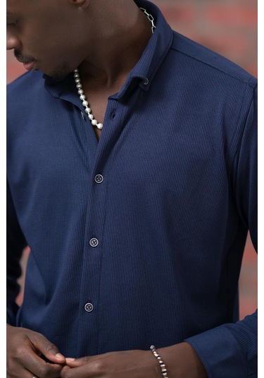 Advante İnce Fitilli Full Likralı Yaka Düğmeli Mevsimlik Slimfit Gömlek Lacivert