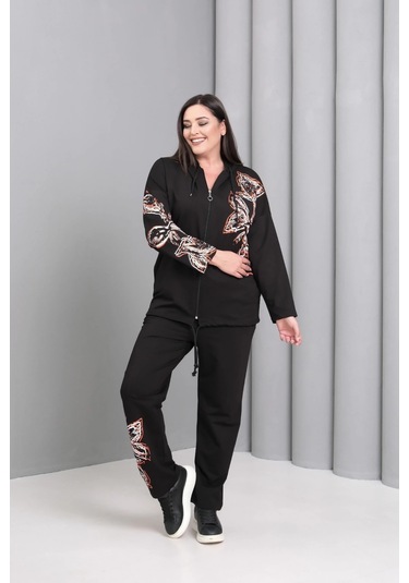 Kapüşonlu Fermuarlı Baskılı Takım Siyah