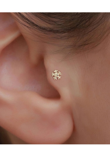 14 Ayar Altın Taşlı Kar Tanesi Tragus Piercing Sarı Altın