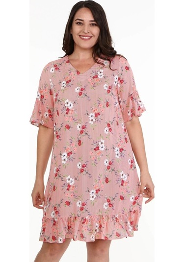 Eteği Ve Kolları Fırfırlı Desenli Elbise-352 Kırmızı