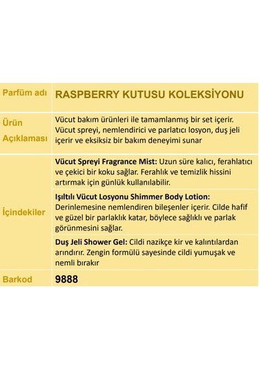 Nurxos 9888 Raspberry Ahududu Hediyelik Kutulu 3'lü Set Vücut Spreyi & Losyon & Duş Jeli