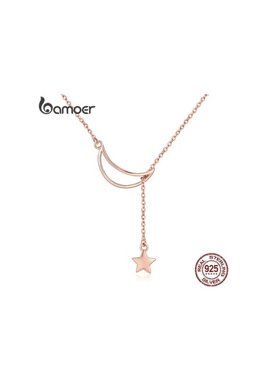 Bamoer Yeni Varış Moda 925 Ayar Gümüş Ay ve Yıldız Masalları Zincir Bağlantı Kolye Kolye Rose Gold