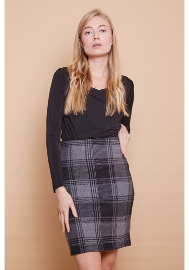 Kışlık Likralı Yünlü Kumaş Yüksek Bel Diz Üstü Kalem Etek-Siyah D