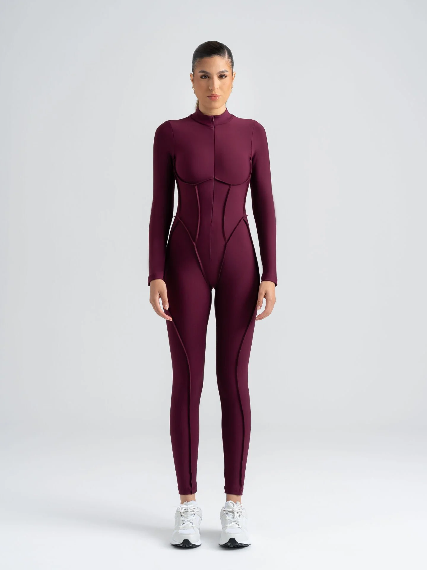 Dikişle Modellenmiş Spor Tayt Tulum Mürdüm