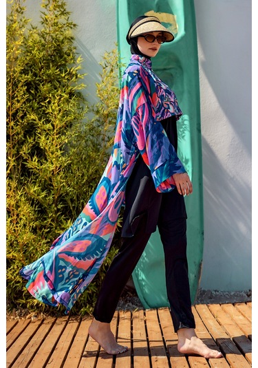 Remsa Tesettür Mayo Üzerine Tek Kaftan Kimono Pareo Mor Rp028 Morika Mor