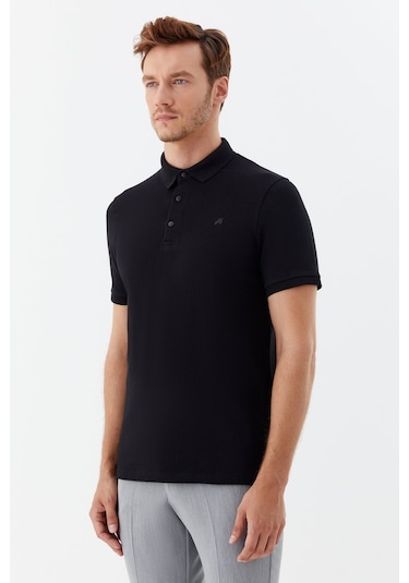Sabri Özel Erkek Siyah Normal Kesim Regular Fit Modal Düğmeli Polo Yaka Tişört