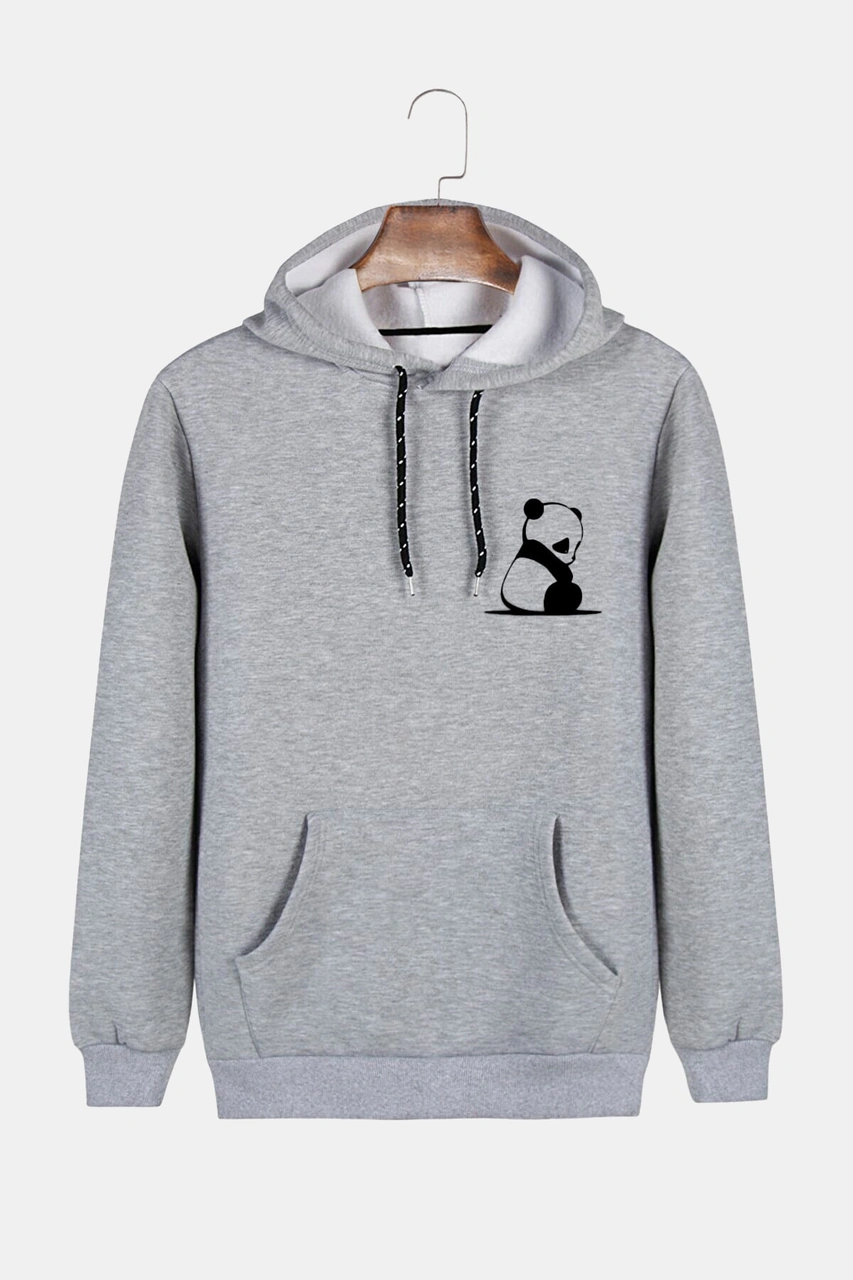 Veaven Unisex Gri Kapüşonlu Panda Baskılı Kanguru Cepli Sweatshirt Gri