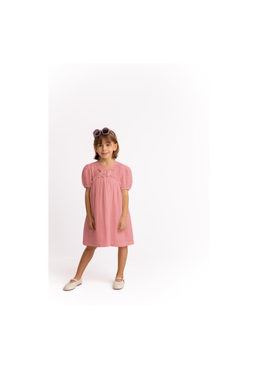 Müslin Kalp Nakışlı Kız Çocuk Elbise Gül Kurusu Gül Kurusu Gülkurusu