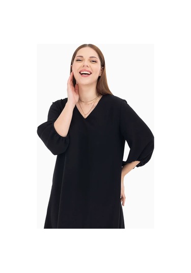 Galaxi Kadın Büyük Beden Midi Boy Truvakar Kol Elbise 1090 Siyah