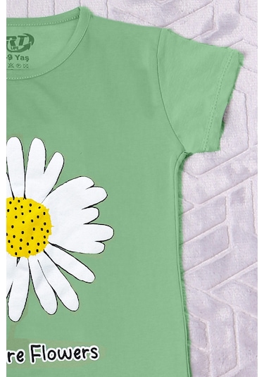 Hçm Kız Çocuk Tshirt Papatya Baskılı Bisiklet Yaka D26 Yeşil