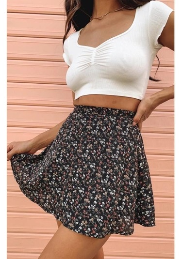 Kadın Çiçekli Yüksek Bel Fermuarlı Şifon Baskılı Kısa Halter Etek Sarı