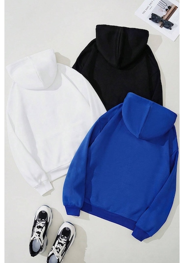 Unisex Düz 3' Lü Baskısız Kapüşonlu Oversize Sweatshirt Bej