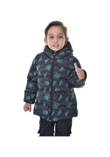 Erkek Çocuk Siyah Yeşil Dijital Desen İçi Polar Su Ve Rüzgar Geçirmez Kapüşonlu Şişme Kışlık Mont Siyah - Yeşil