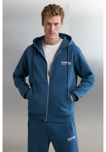 GRIMELANGE Aksel Erkek Yumuşacık Organik Pamuk Oversize Fermuarlı Baskılı Kapüşonlu Mavi Sweatshirt Mavi