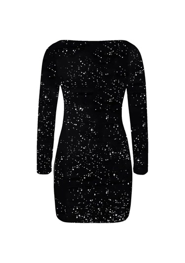 Siyah Uzeri Simli Kumastan Düşük Omuz Bodycon Elbise Siyah