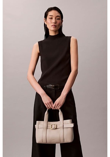 Kadın Tokalı Çıkarılabilir Askılı Mini Tote El Çantası - Krem Chateau